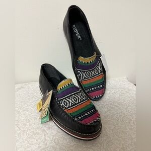 NWT Roper Ladies Jacolin Leather/Serape Shoes Black Country Western Loafers 7.5